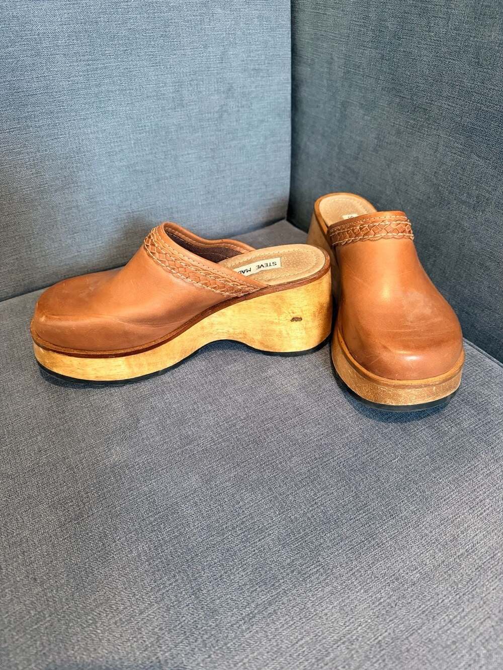 Steve Madden Platform Clogs Size 9 Brown Leather Wooden Wedges